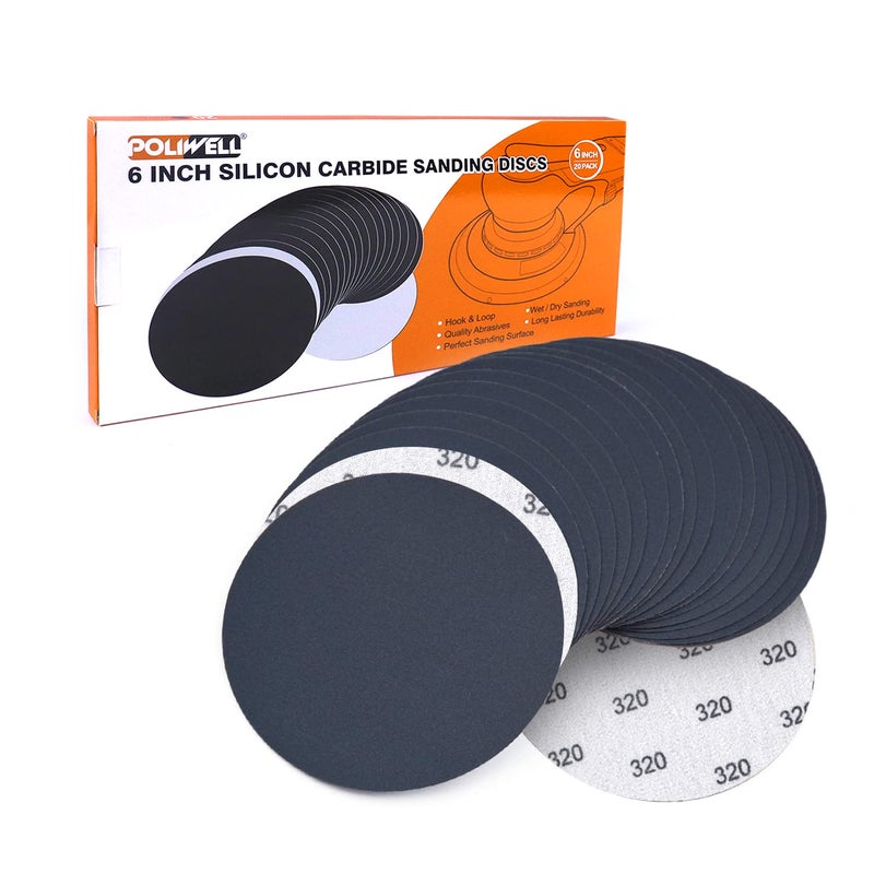 POLIWELL 6 Inch (150mm) 320 Grit Sanding Discs, Waterproof Hook & Loop Heavy Duty Silicon Carbide Round Flocking Sandpaper for Wet/Dry Sanding Grinder Polishing Accessories, 20-Pack - Image 1